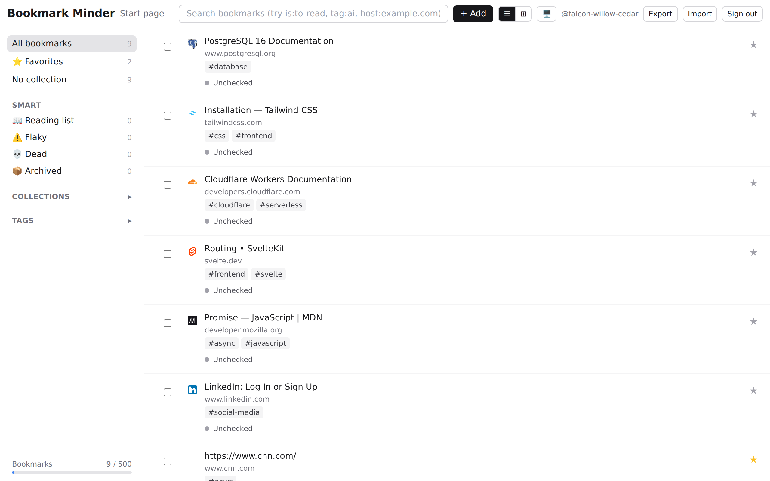 Bookmark Minder dashboard — saved bookmarks in list view with tags, collections in the sidebar, and a search bar